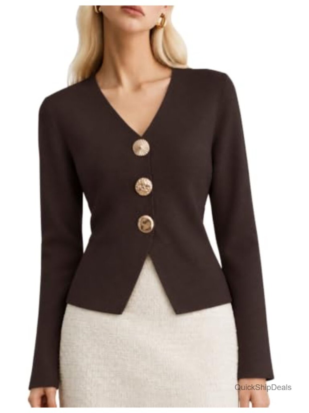 Women's Cropped 100% Viscose Cardigan Gold Button Long Sleeve Sweater